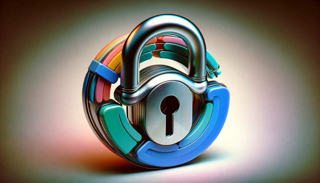 Digital image featuring a metallic, sturdy padlock superimposed on a stylized, abstract multicolored logo resembling a lowercase 'g', set against a subtle background to highlight digital security