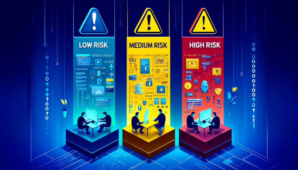 A digital illustration depicting a cyber security threat with three areas representing low risk, medium risk, and high risk users, including Entra Identity protection elements. The left section shows low risk users with a calm, blue background, the middle section shows medium risk users with a yellow background, and the right section shows high risk users with a red background.