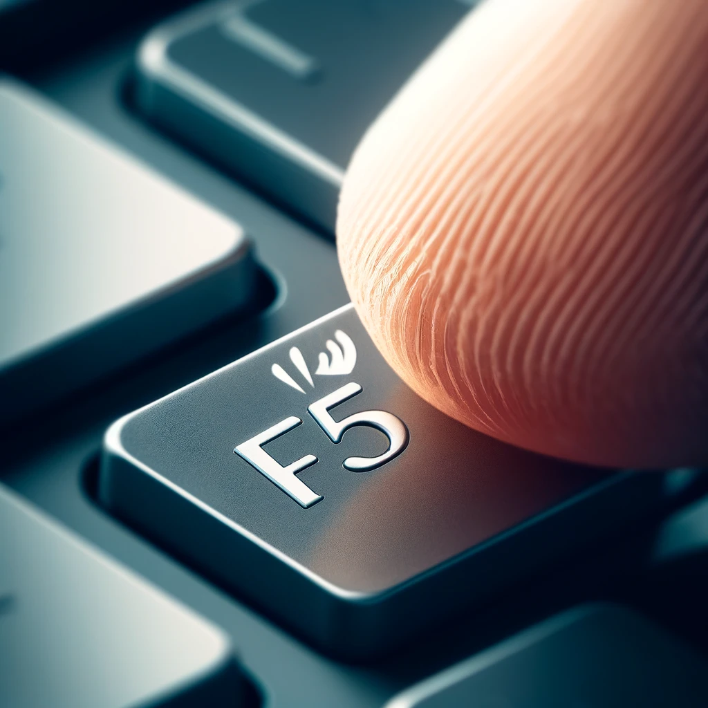 A finger pressing the 'F5' key on a keyboard to refresh a webpage.