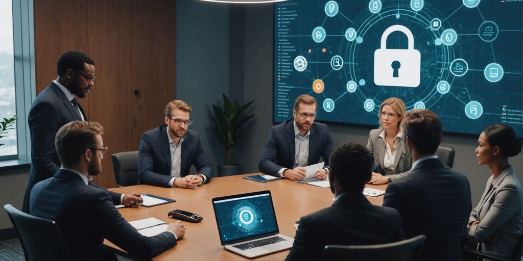 Professionals discussing cybersecurity with a digital lock icon.