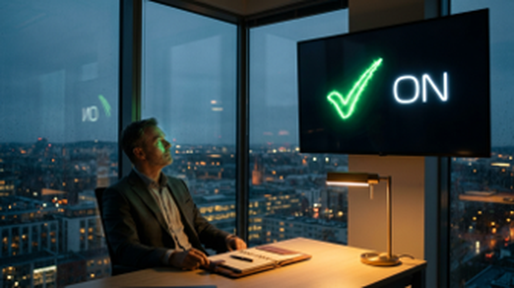 An executive alone in a dusk office looks up at a large glowing green checkmark and the word ON on a wall display, with city lights below through the glass.