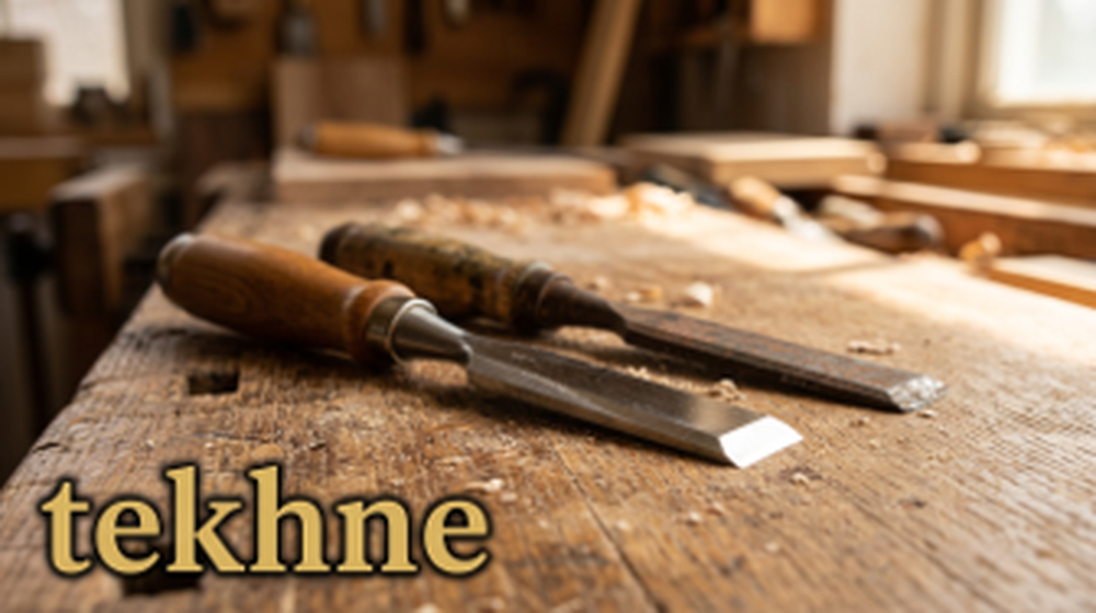 Two woodworking chisels on a workbench, one freshly honed and bright and the other dull and worn, with the word tekhne in gold.