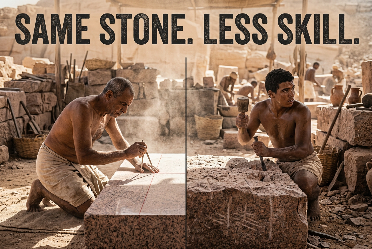 Two Egyptian stone-workers split by era, an early master cutting granite precisely and a later worker producing rougher work, showing skill fading between hands.
