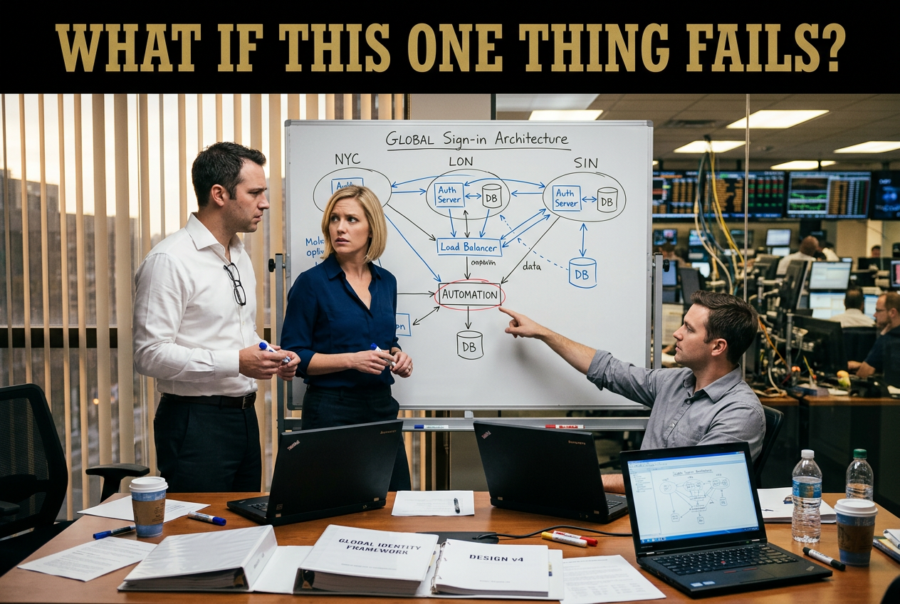 Photo headlined What if this one thing fails?: two architects stand at a whiteboard titled Global Sign-in Architecture while an operations engineer points at a circled box labeled Automation, with a trading floor visible behind them.