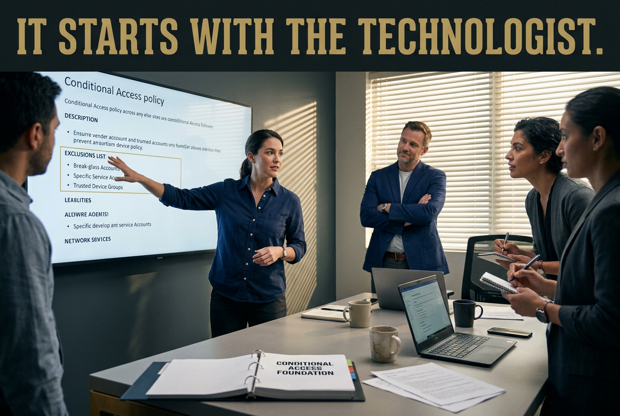 Photo headlined It starts with the technologist.: a technologist points to the exclusions list on a Conditional Access policy while colleagues take notes and a manager watches from the back of the room.
